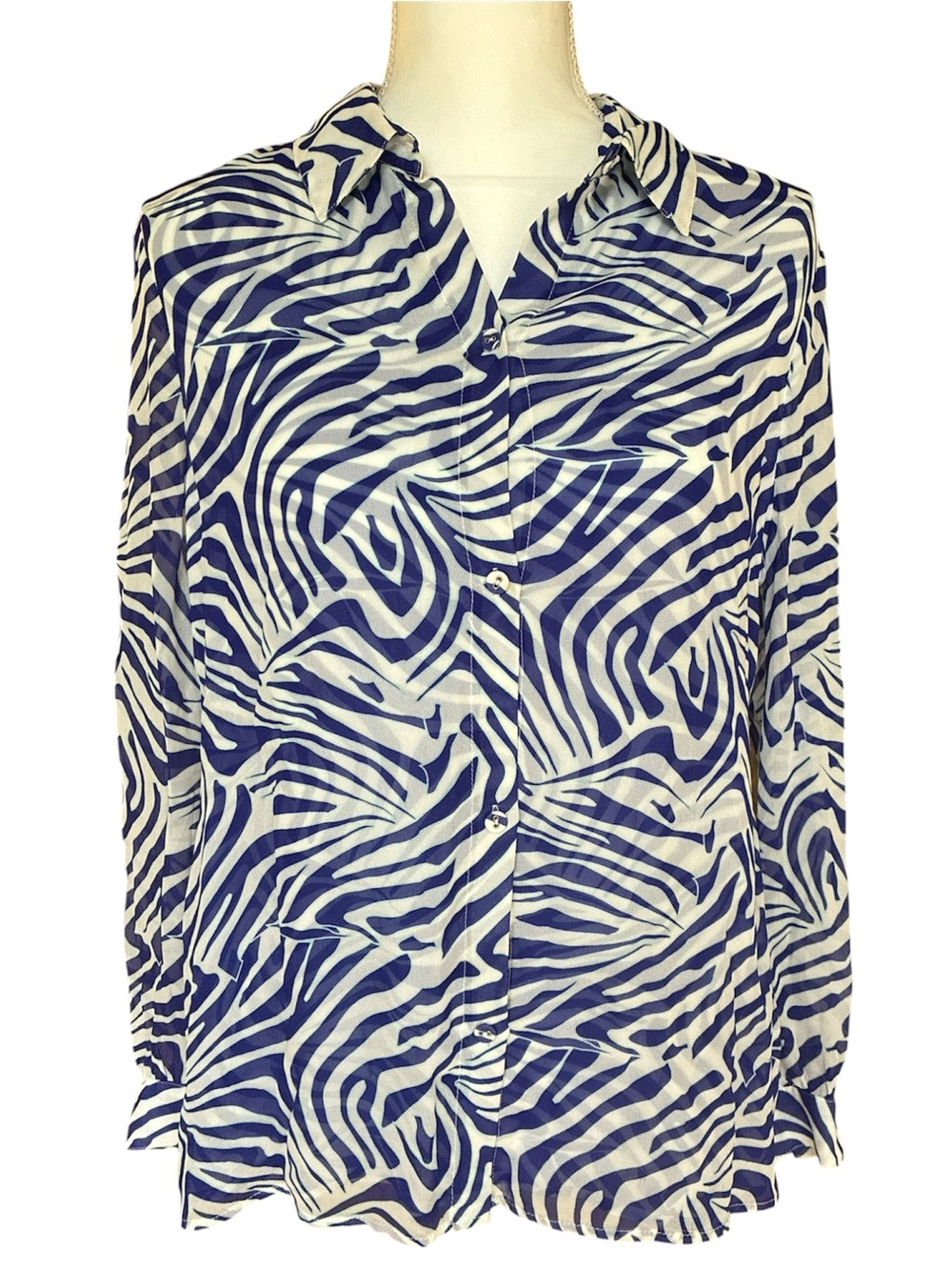 Karina Grimaldi Blue & White Zebra Print Button-Up Business Casual Blouse XS
